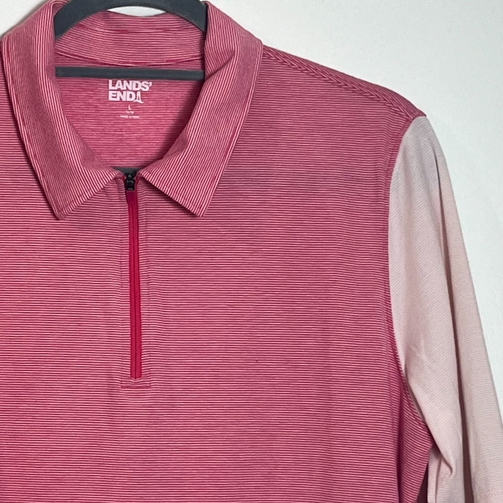 Lands End 1/4 Zip Short Sleeve Polo Shirt Womens L 14-16 Pink Stripe Modal Blend